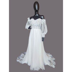 Ivory/Latte Floral Full Tulle Wedding Gown/Removeable Sleeves - Sincerity